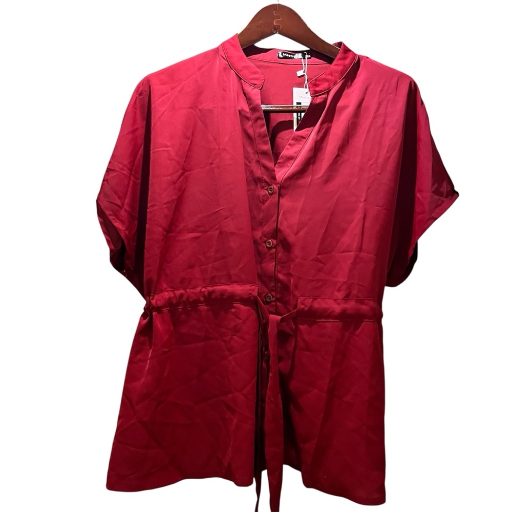 Meetrendi Burgundy Button Front Short Sleeve Blouse Tie Waist Women’s 2XL